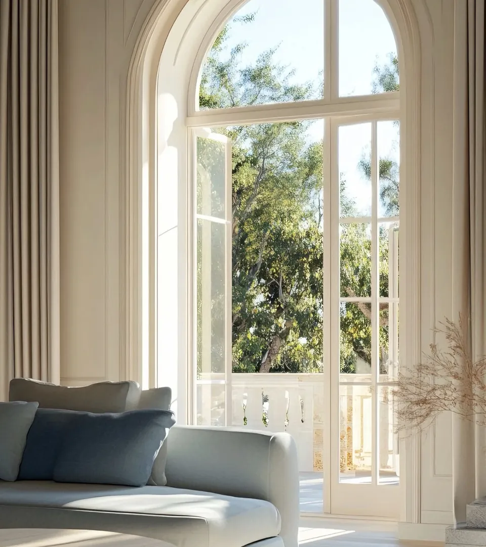 Grande porte-fenêtre cintrée ouverte sur un balcon et des arbres.