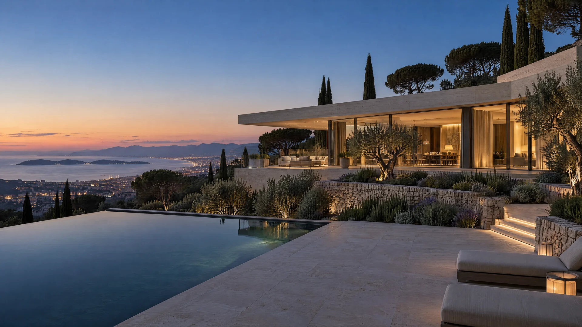 La même villa contemporaine au crépuscule, piscine à débordement et vue sur la baie.