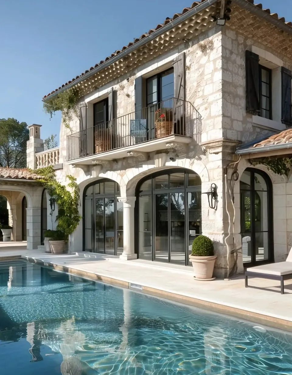 Mas en pierre rénové, grandes baies cintrées et piscine.