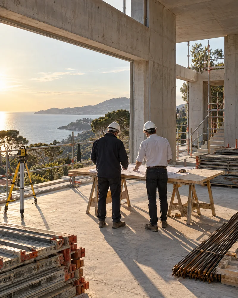 Un conducteur de travaux et une architecte consultent les plans sur un chantier face à la mer.